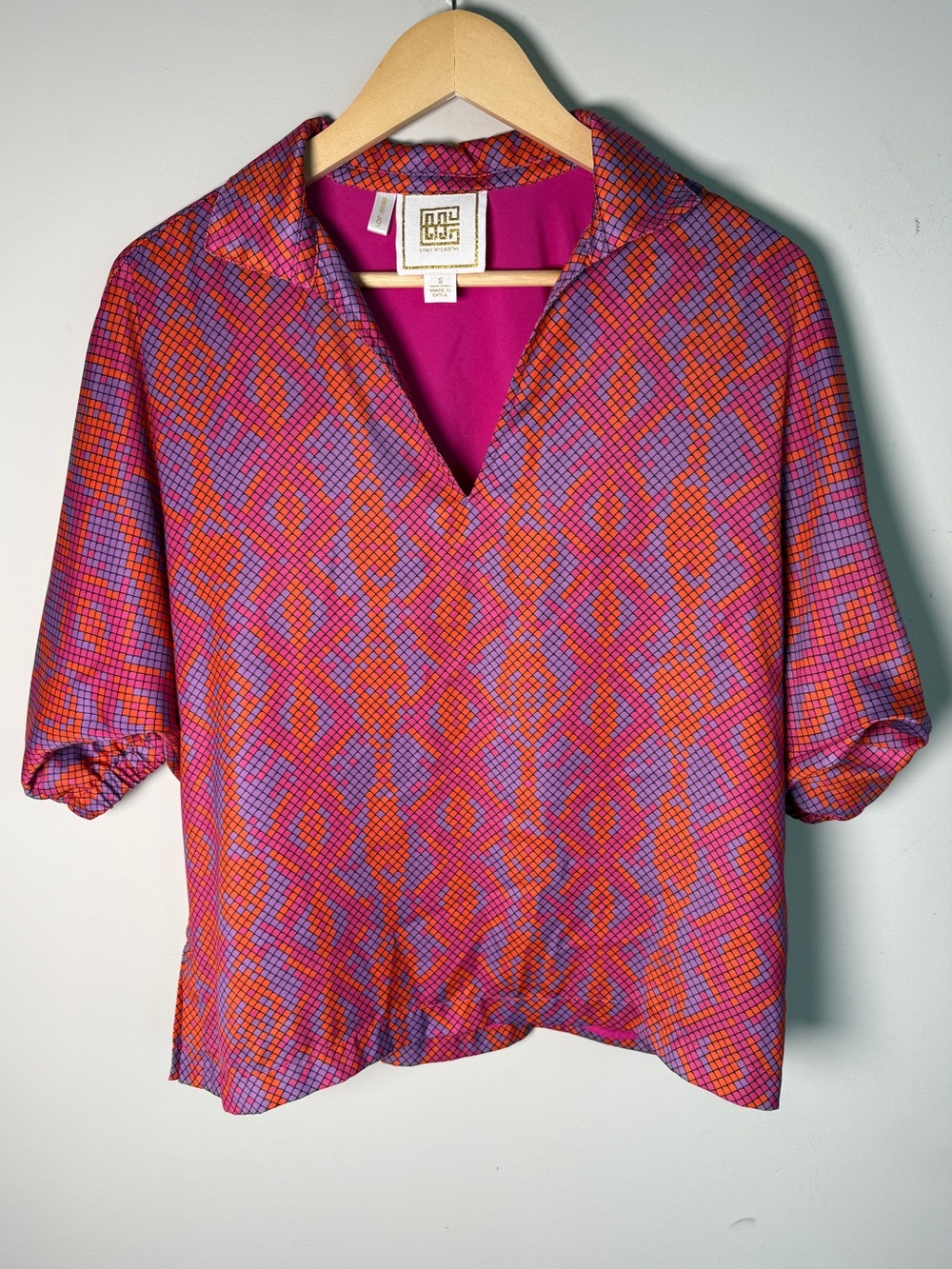 Emily McCarthy Poppy Top Fuchsia Coral Purple Geometric Preppy Vacation Mosaic S